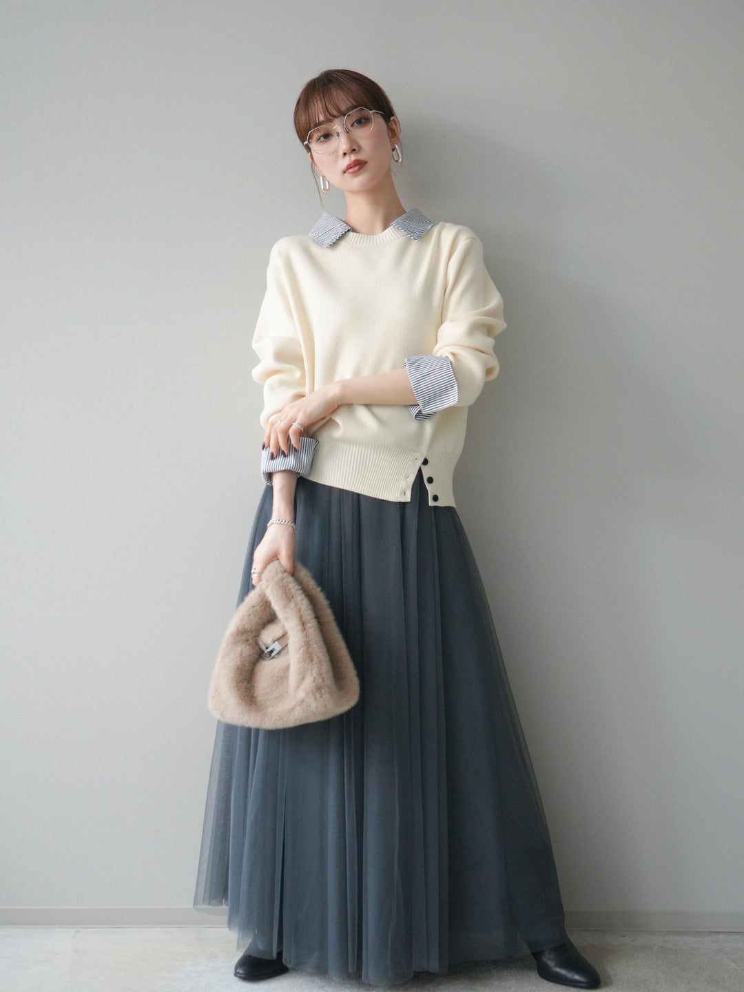 [SET]シャツドッキングデザイン裾ボタンニットプルオーバー+チュールボリュームスカート(2set)