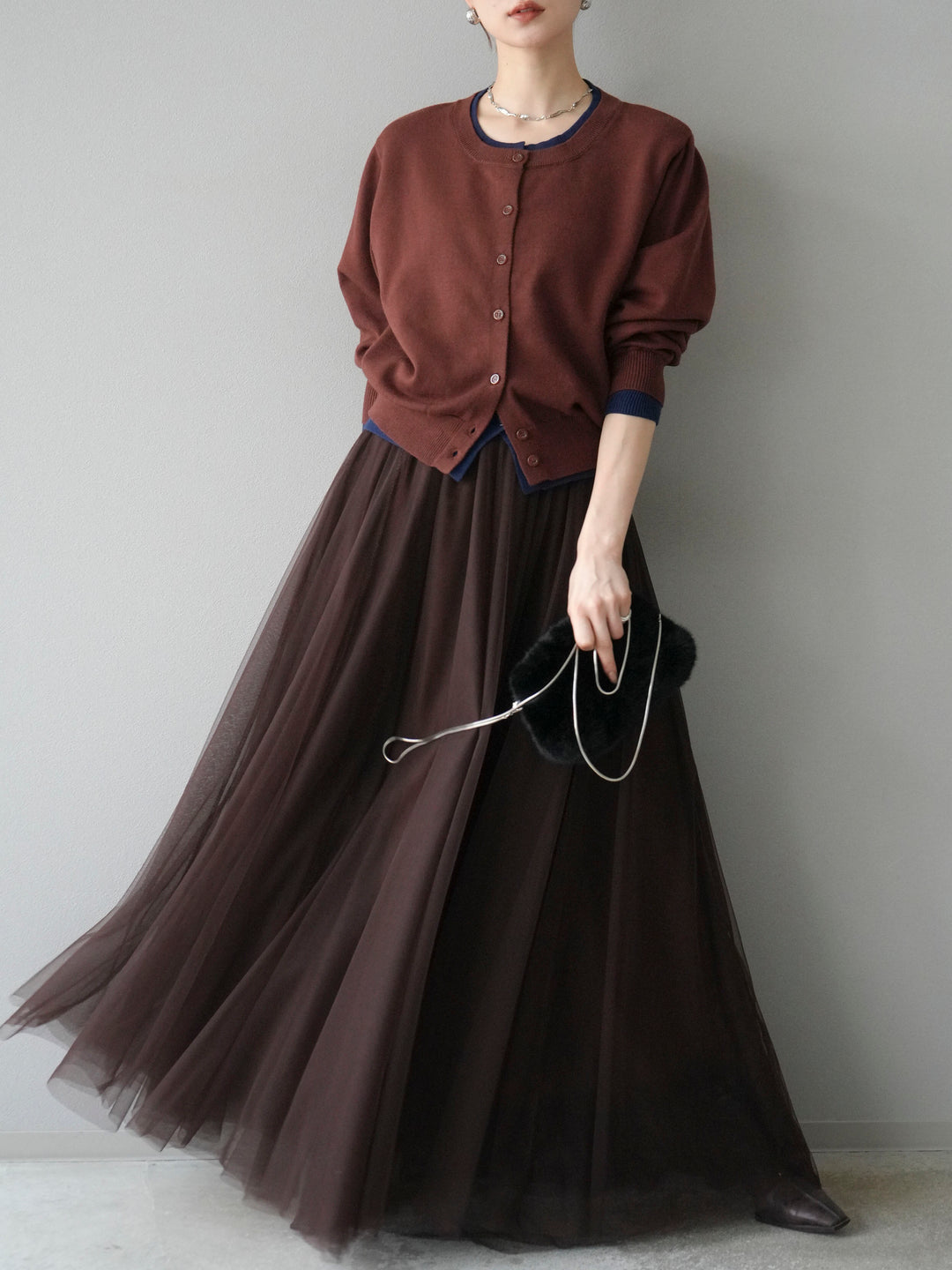 [SET]配色レイヤードカーディガン+チュールボリュームスカート(2set)