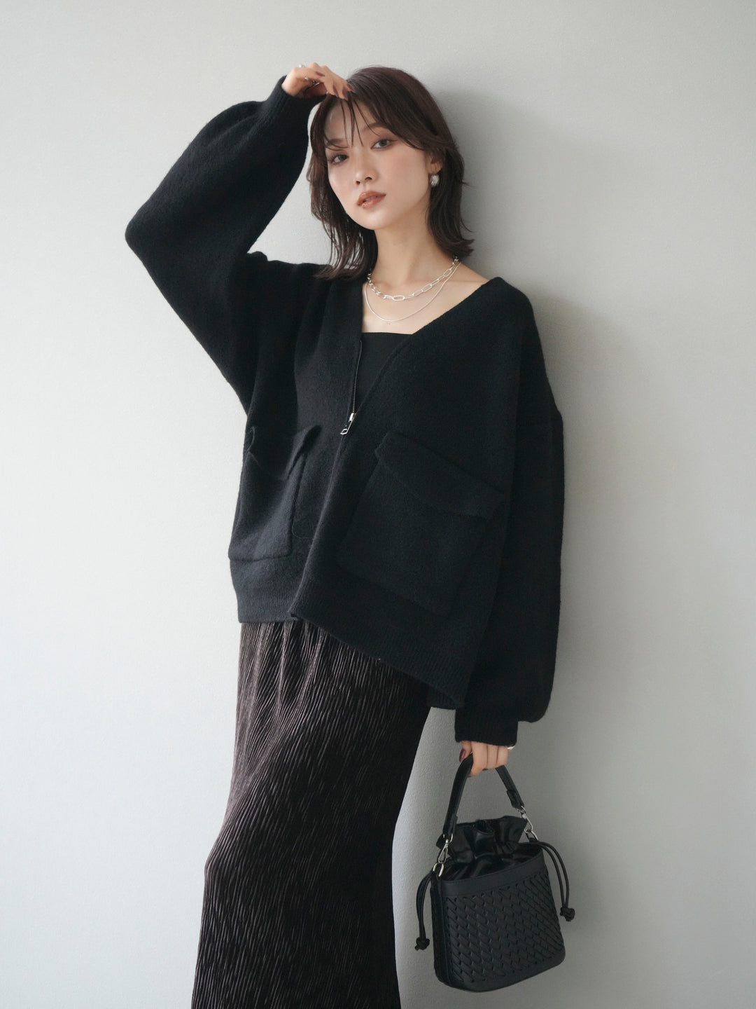 [予約]BIGポケットジップニットカーディガン/black