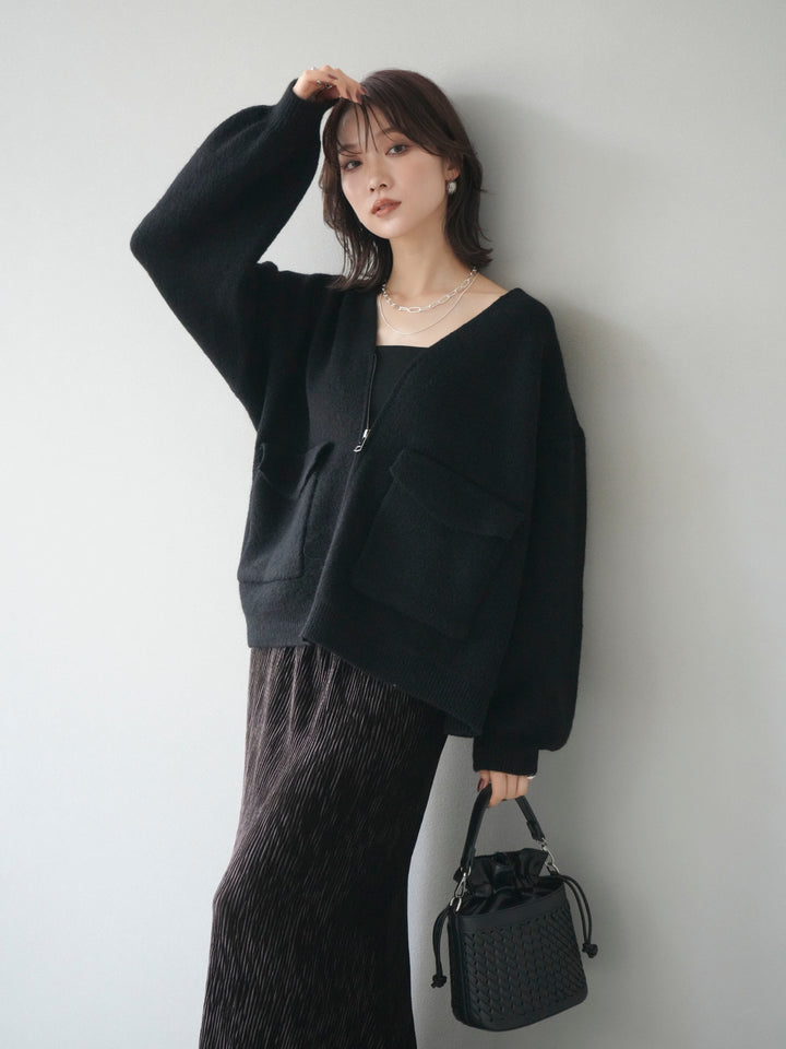 [予約]BIGポケットジップニットカーディガン/black