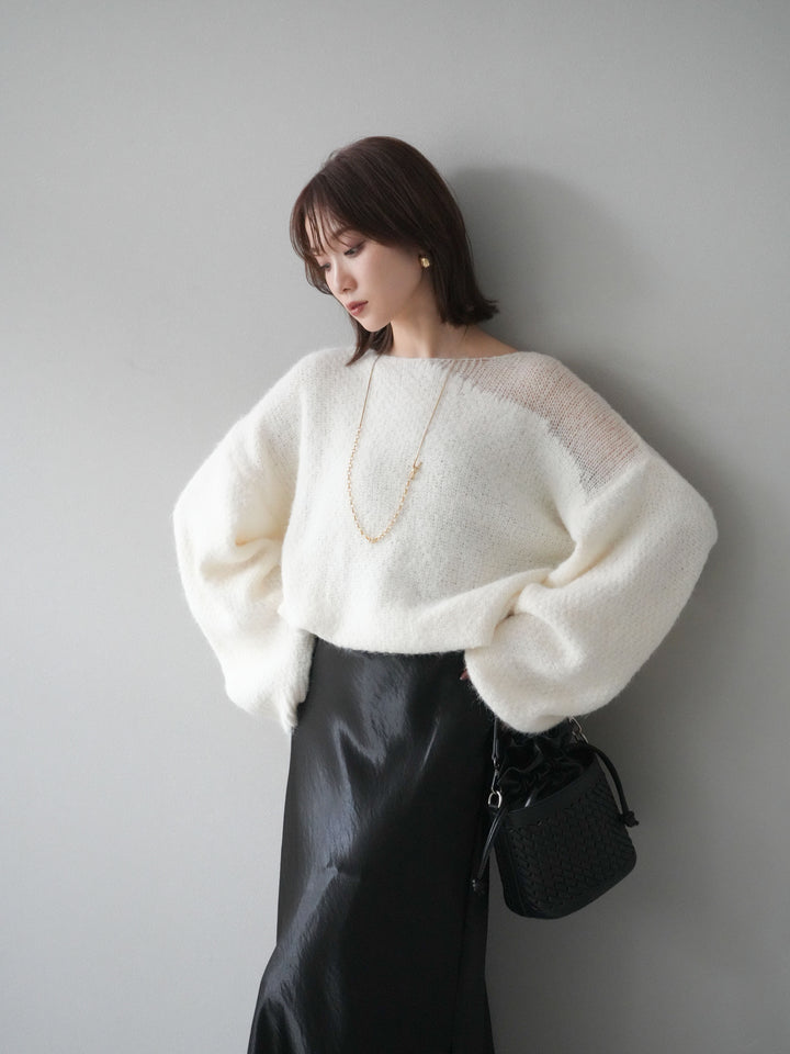 [予約]ネック透かし編みニットプルオーバー/ホワイト