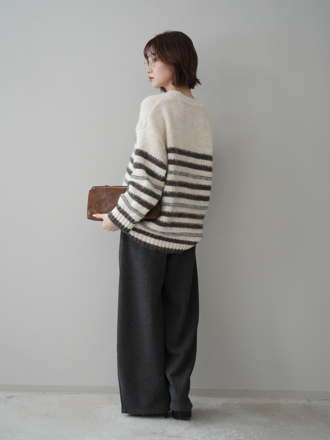 [SET]ステッチボーダーニットプルオーバー+ベルト付起毛コクーンパンツ(2set)