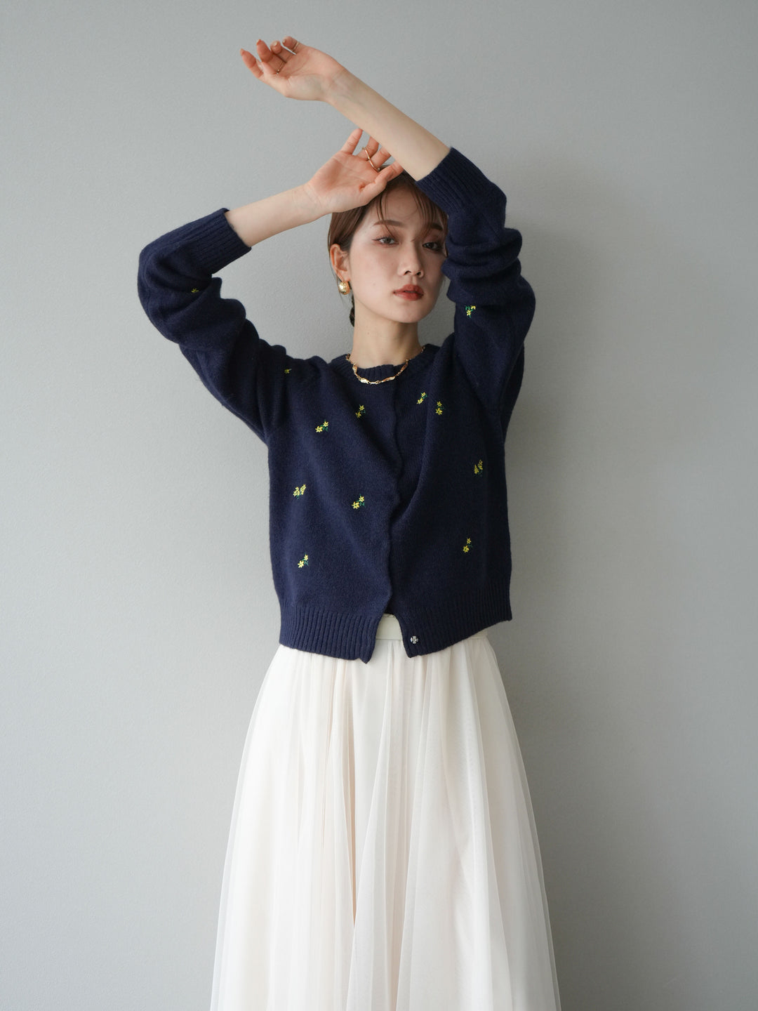 [SET]フラワー刺繍ニットカーディガン+チュールボリュームスカート(2set)