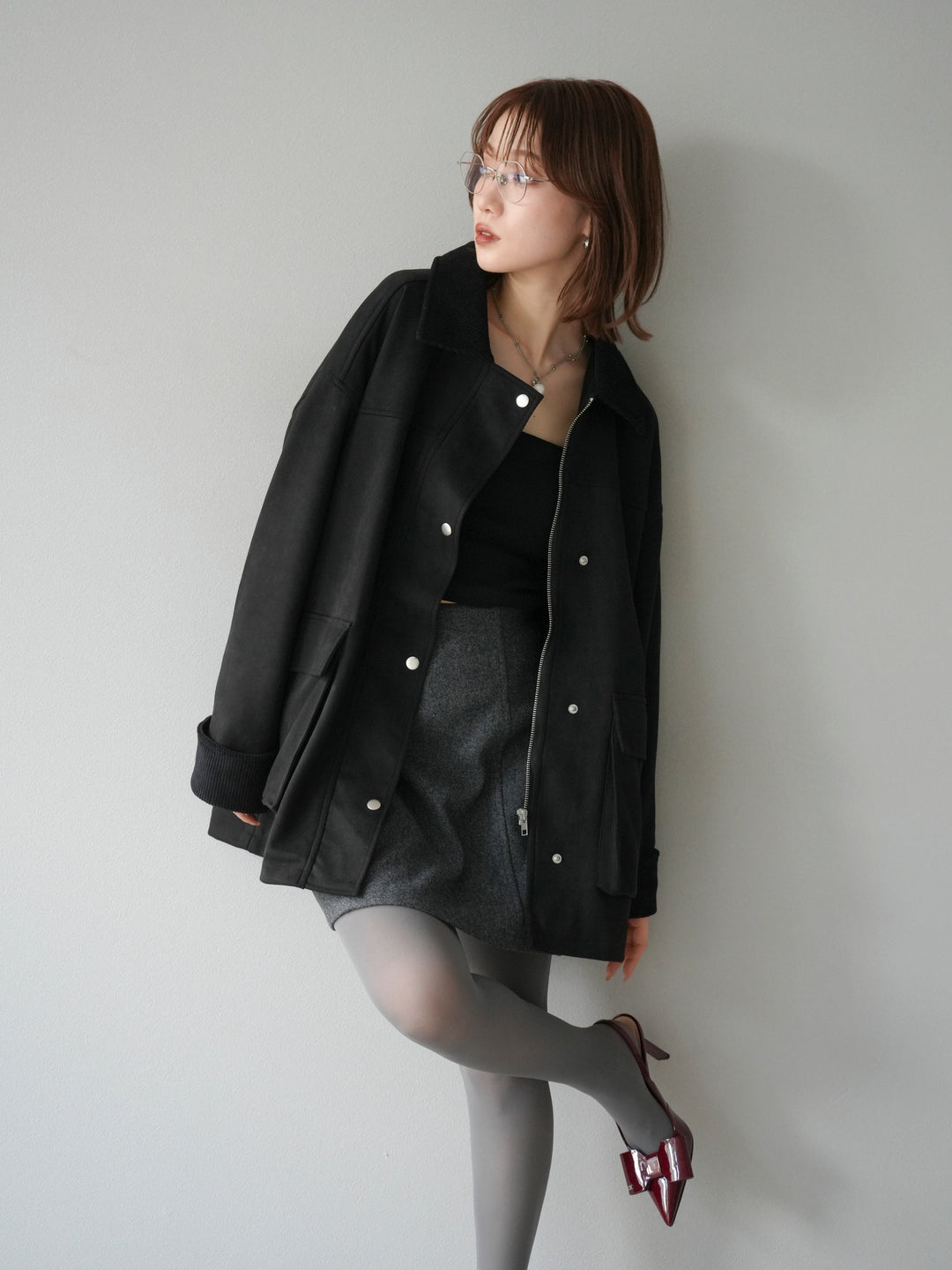 [予約]コーデュロイ襟スウェードミドルジャケット /ブラック