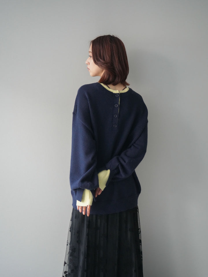 [SET]ヘンリーネック配色レイヤードニットプルオーバー+フラワーフロッキーチュールプリーツスカート(2set)