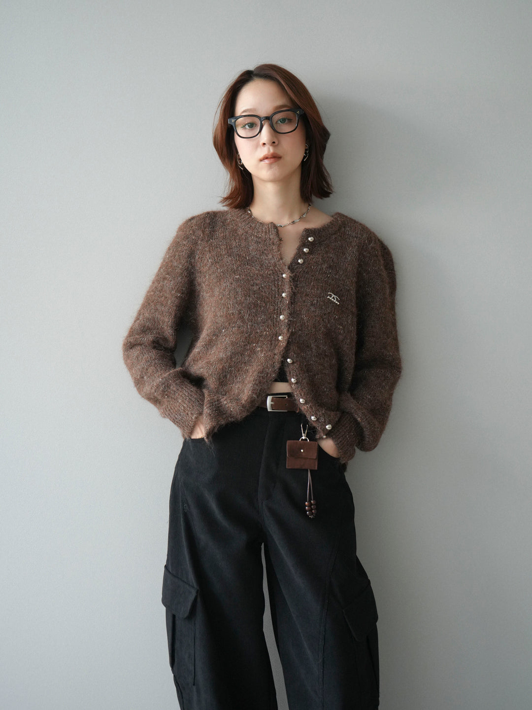 [SET]ブローチ付silverボタンミックスニットカーディガン+選べるアクセセット(2set)