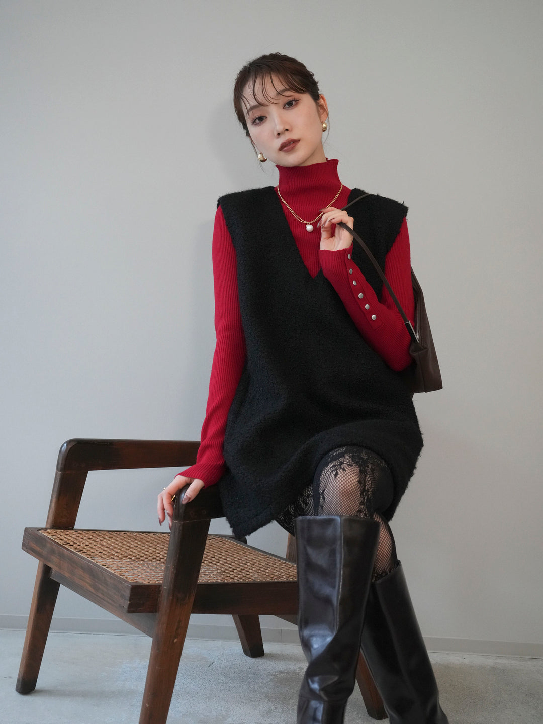 [予約]ミックスループヤーンニットミニワンピース/black