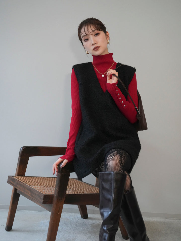 [予約]ミックスループヤーンニットミニワンピース/black