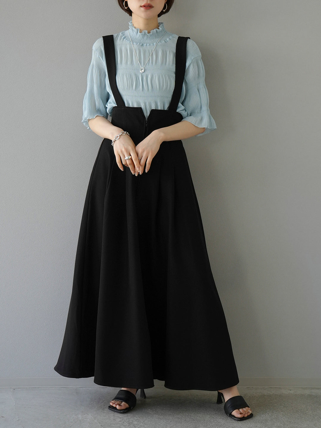 [SET] Shirring chiffon half sleeve blouse + 2WAY flare jumper skirt (2set)