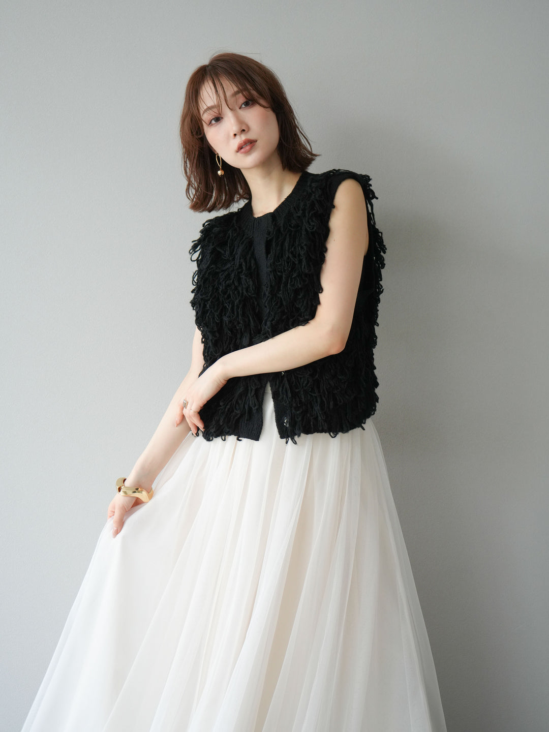 [SET] 前開衩針織背心 + 薄紗蓬鬆裙 (2 件套)