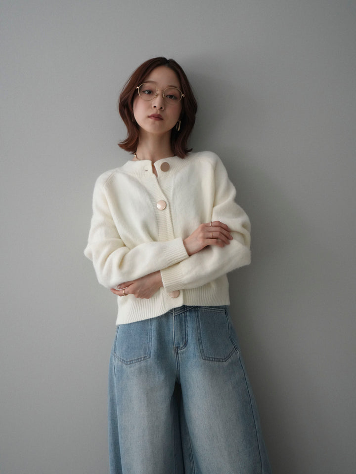 [SET]BIGボタンニットカーディガン+ベルト付裏起毛カーブデニムパンツ(2set)