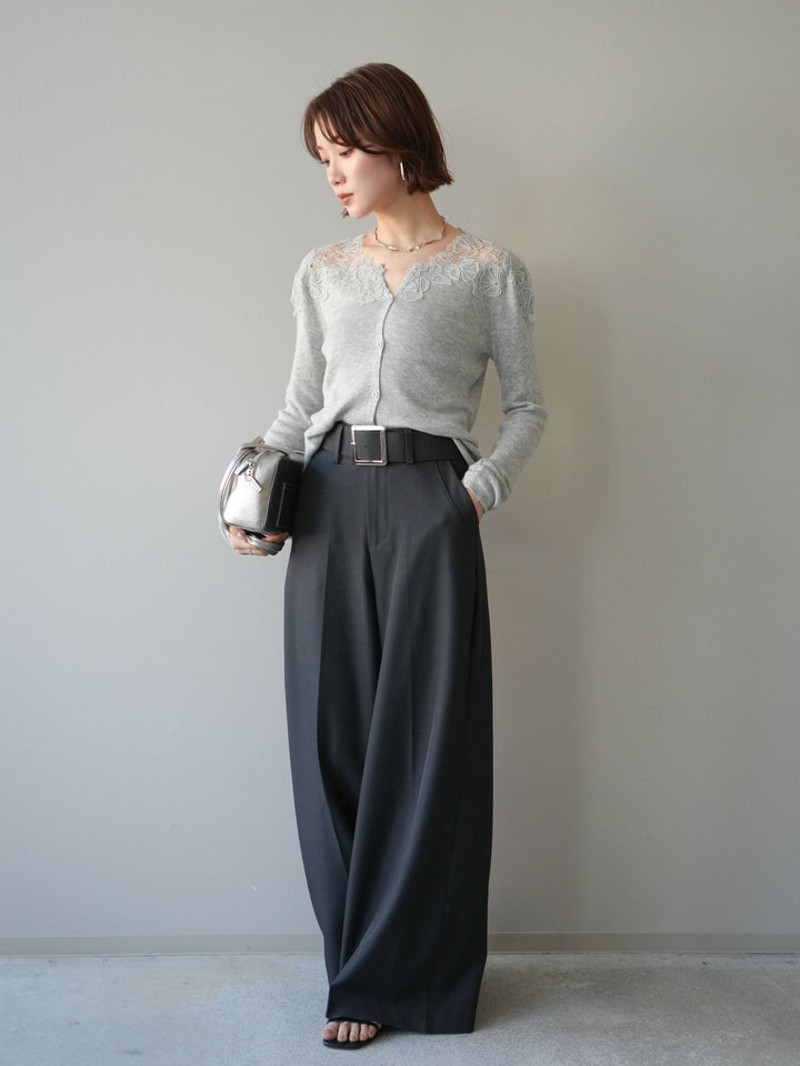 【套裝】肩部蕾絲針織開襟衫+銀色搭扣垂褶闊腿褲（兩件套）