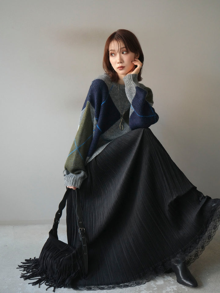 [SET]配色ステッチアーガイル柄ニットプルオーバー+選べるアクセセット(2set)