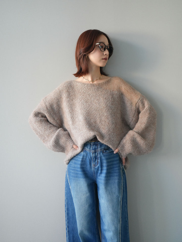 [SET]透かしデザインニットプルオーバー+サイドフリンジワイドデニムパンツ(2set)