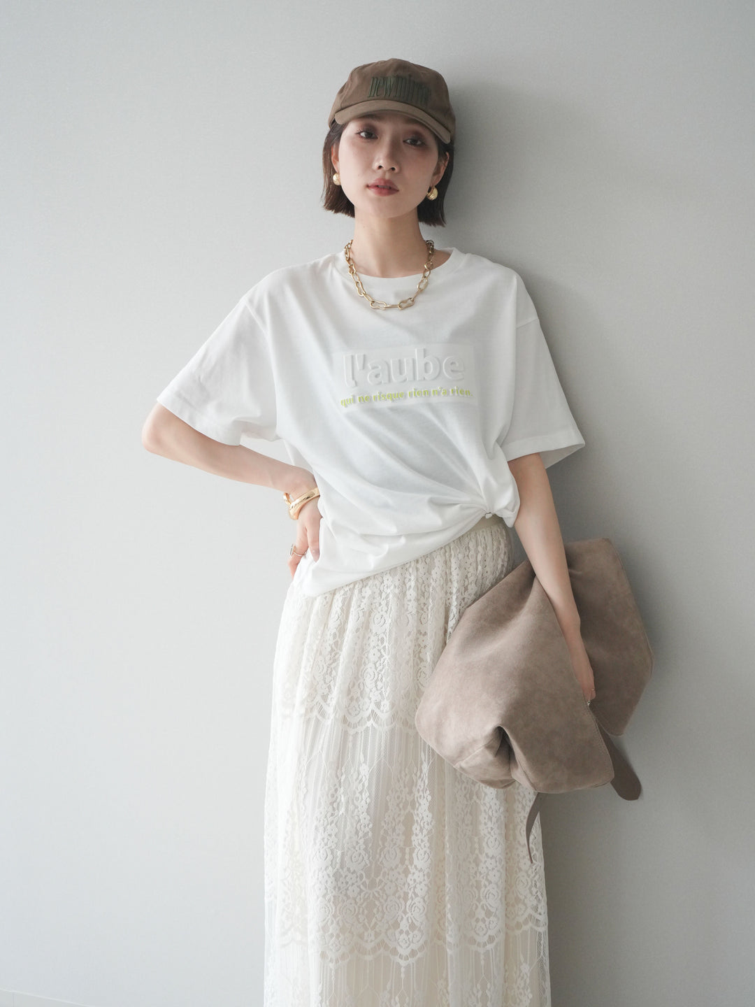 [SET]エンボスロゴTEE+裏プリーツ総レースロングスカート(2set)