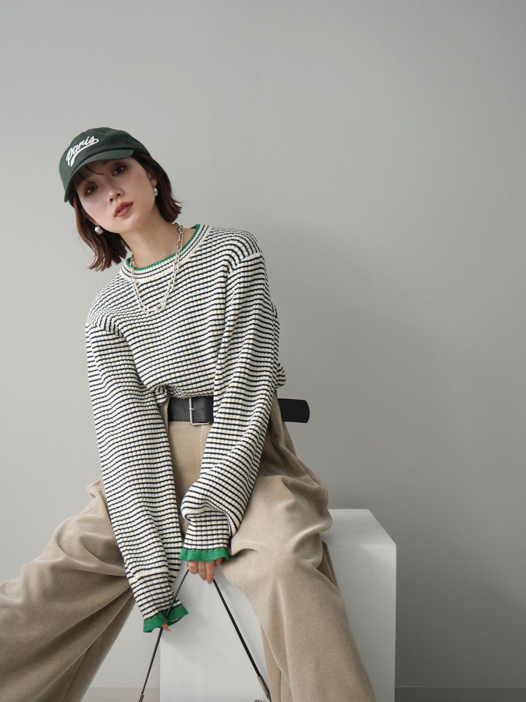 [予約]ラメ異素材ボーダーリブニットプルオーバー/off×green