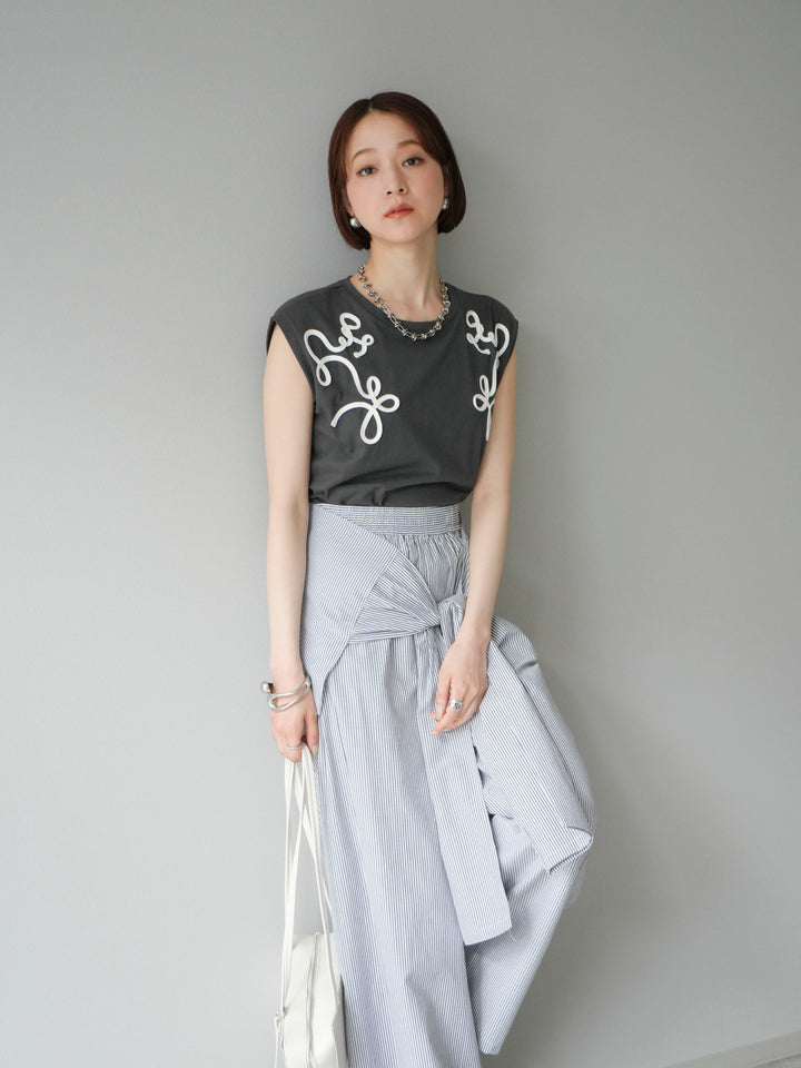 [SET]コード刺繍フレンチスリーブTシャツ+ウエスト巻きストライプイージーパンツ(2set)