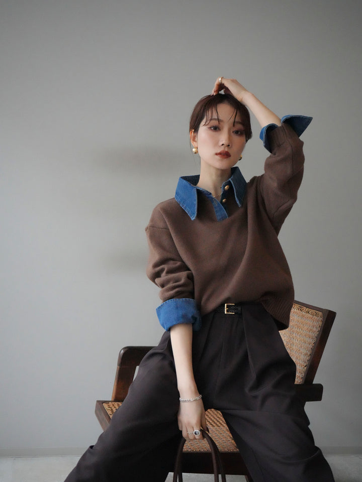 [SET]デニム襟ポロニットプルオーバー+選べるアクセセット(2set)