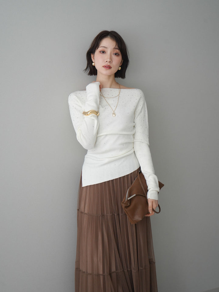 [予約]ラインストーンアシンメトリーニットトップス/ivory