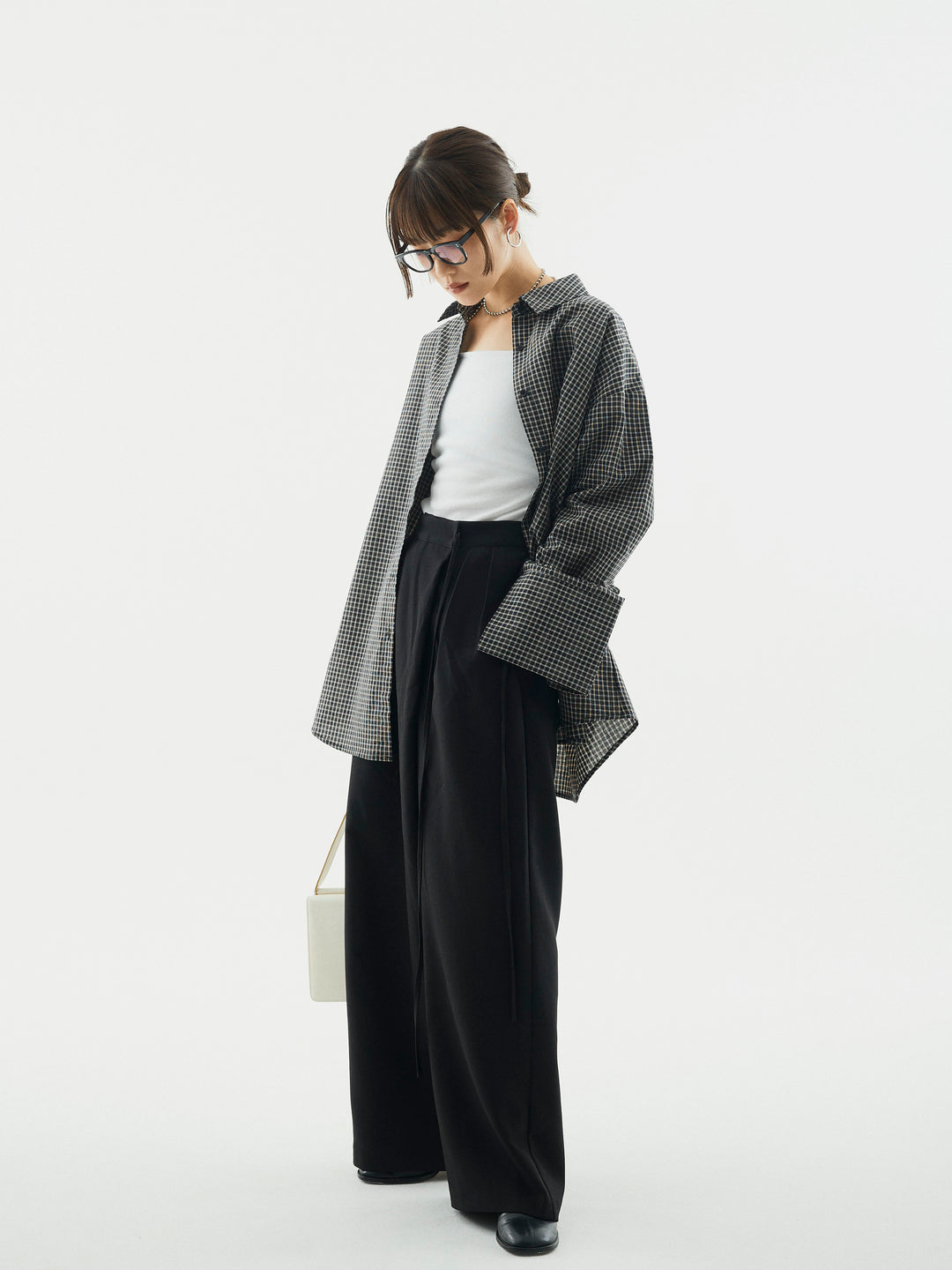 【Allure】[SET]チェックBIGカフスオーバーシャツ+ラップデザインタックワイドパンツ(2set)