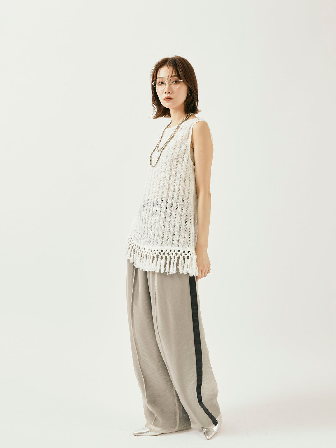 [予約]オーガンジーレイヤードサイドラインパンツ/グレージュ