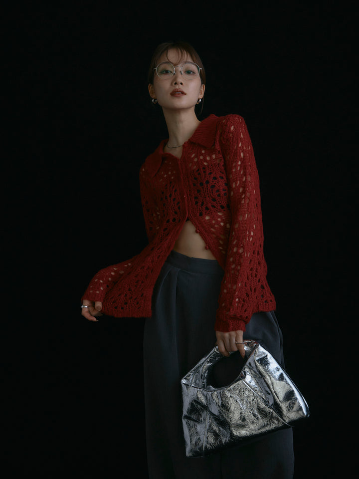 【Allure】[SET]ローゲージ透かし編みポロニッカーディガン+ラップデザインタックワイドパンツ(2set)