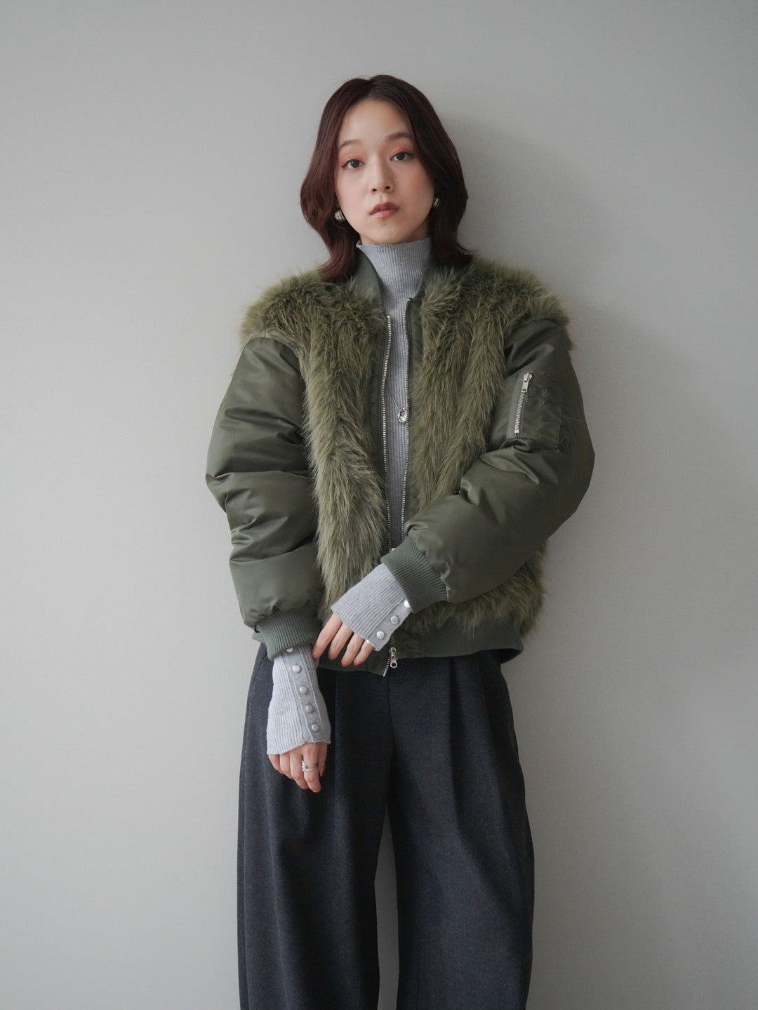 [SET]ファードッキングMA-1+アニマル柄ベルト付きウールタッチワイドパンツ(2set)