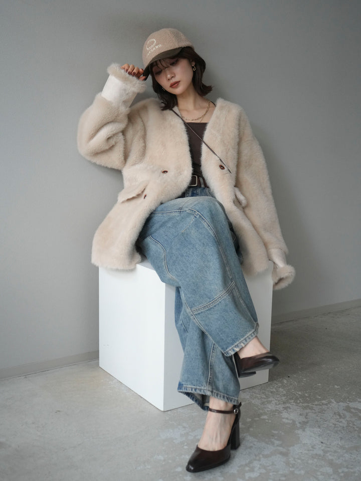 [SET]バッグ付エコファーノーカラーコート+ベルト付カーブデニムパンツ(2set)