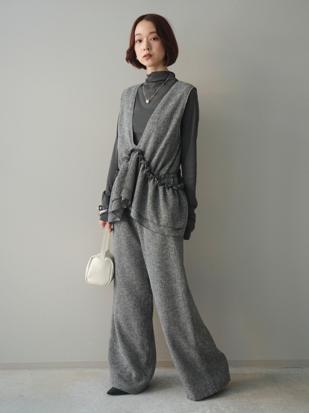 [SET]3WAYミックスツイードギャザーオールインワン+シアープチネックストレッチトップス(2set)