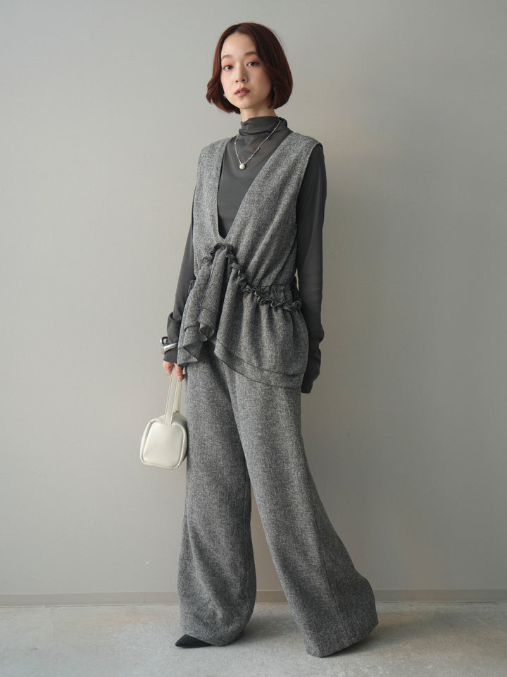 [SET]3WAYミックスツイードギャザーオールインワン+シアープチネックストレッチトップス(2set)