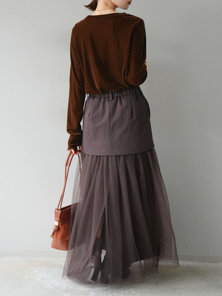 [予約]ストライプ切替チュールスカート/ブラウン