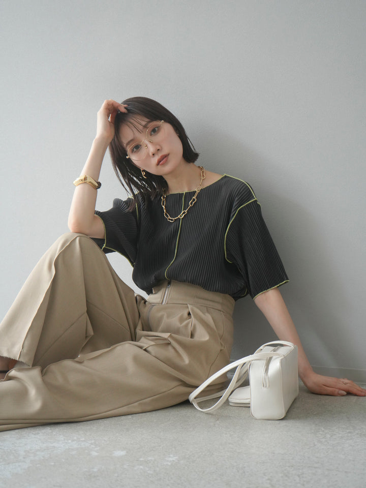 【SET】配色褶皺半袖上衣 + 配色褶皺半袖上衣 (2 件套)