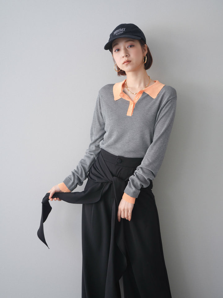 [SET]配色デザインシアーポロニット+ラッフルベルトワイドパンツ(2set)