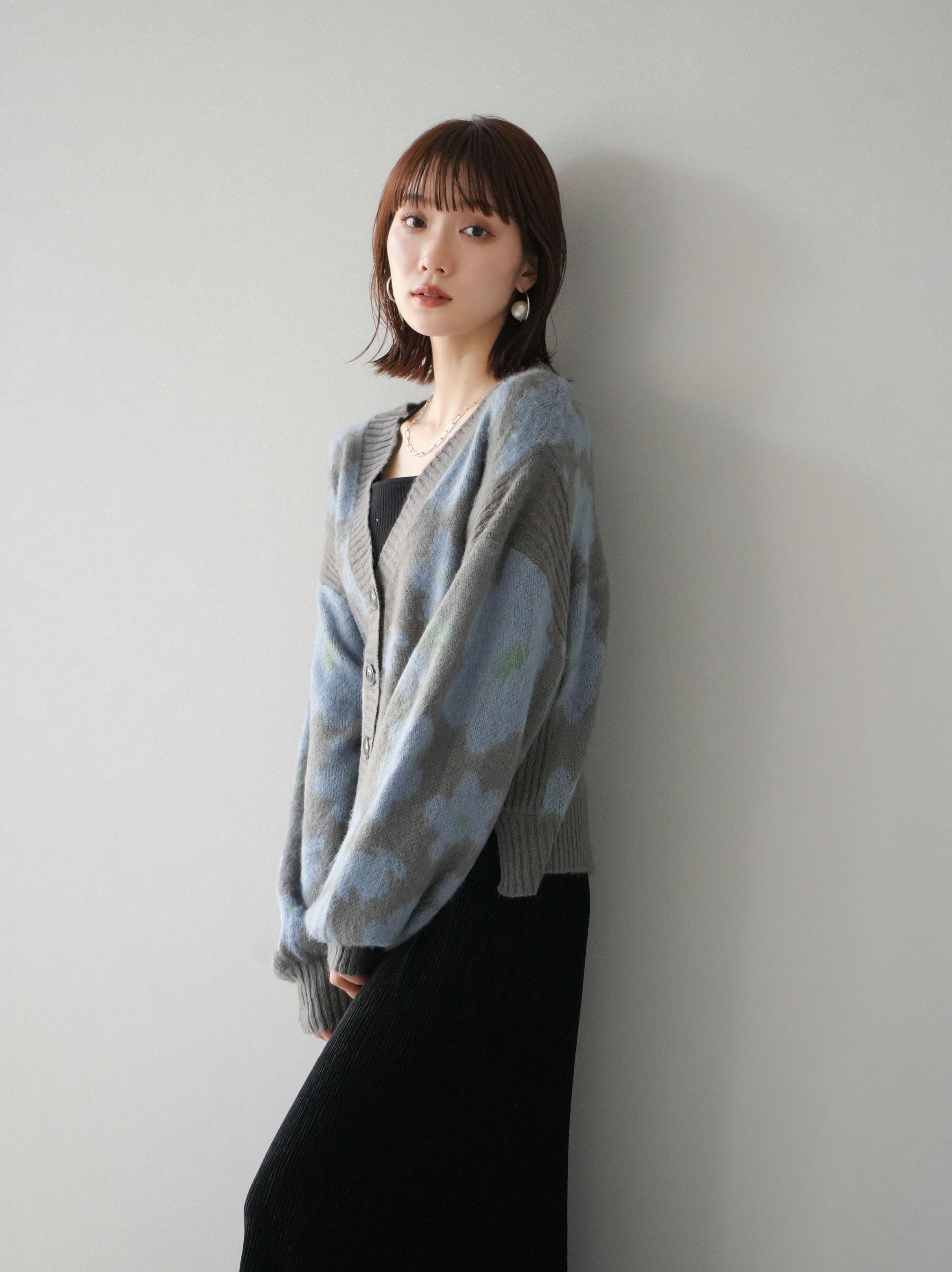 SET]フラワー柄クロップドニットカーディガン+フラワー柄