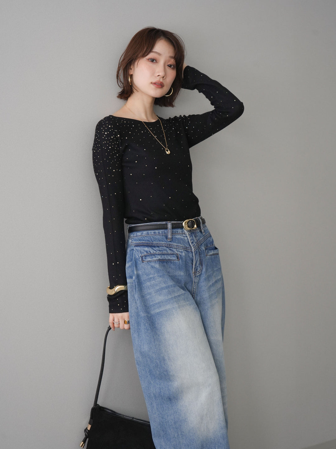 [SET]スパンコールシアーニットトップス+選べるアクセセット(2set)