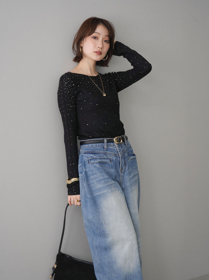 [SET]スパンコールシアーニットトップス+選べるアクセセット(2set)