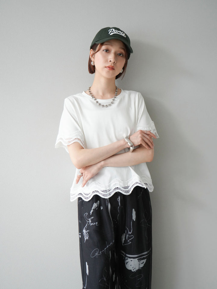 [SET]レース切替カットソー+コード刺繍チュールレイヤードパンツ(2set)