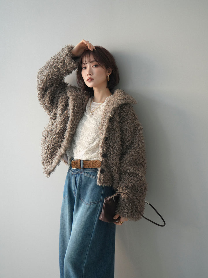 [SET]プードルファーミドルスタンドブルゾン+チュールレーストップス+ベルト付裏起毛カーブデニムパンツ(3set)