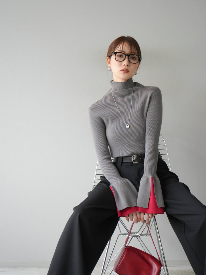 [予約]レイヤードフレアスリーブハイネックニットトップス/グレー