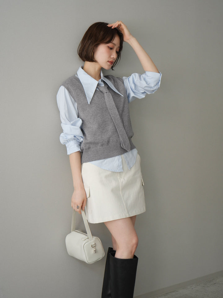 【套裝】蝴蝶結針織背心套裝襯衫+繫帶工裝迷你裙（兩件組）