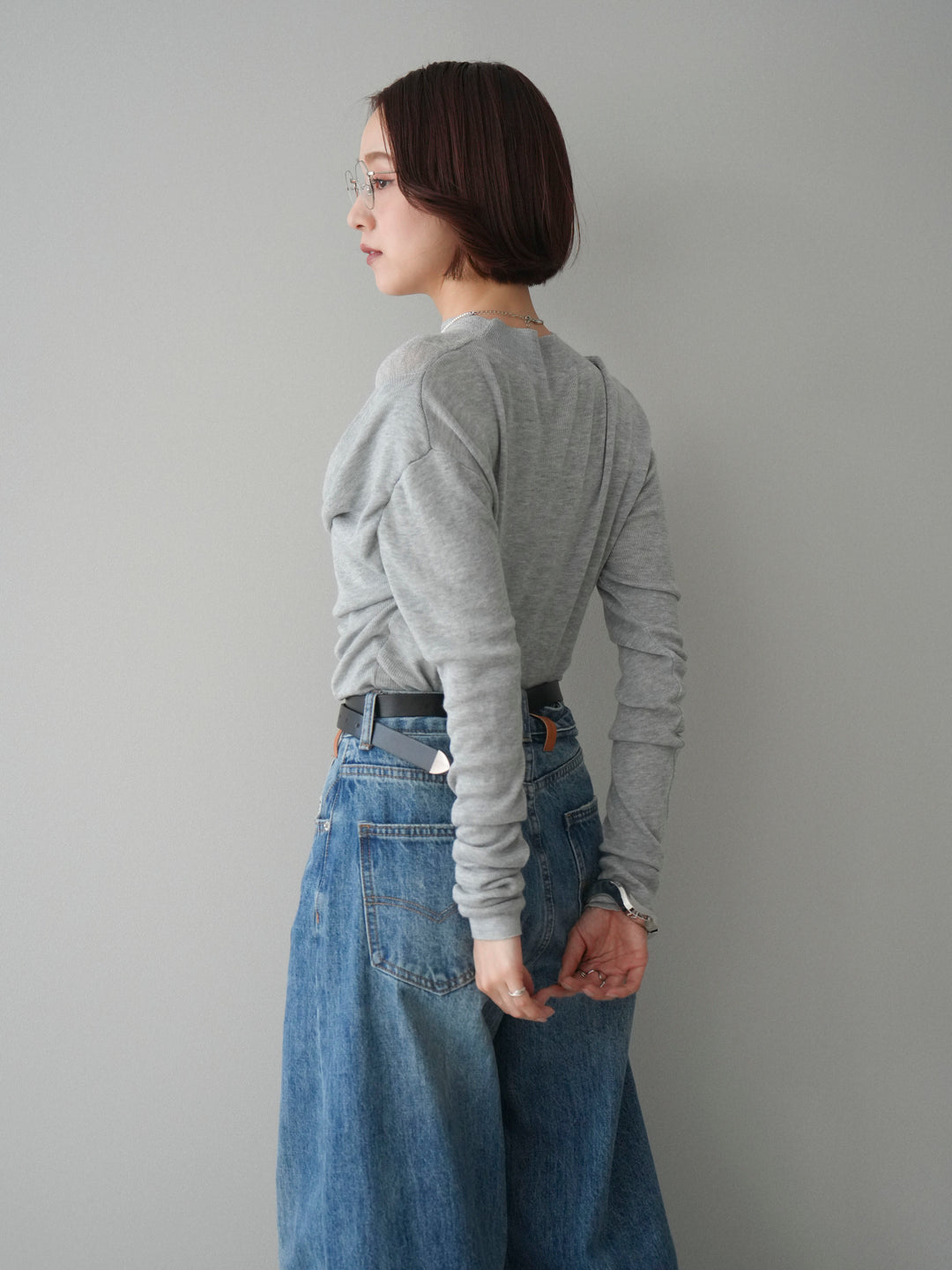 [予約]ボトルネックドレープレイヤードニットトップス/gray