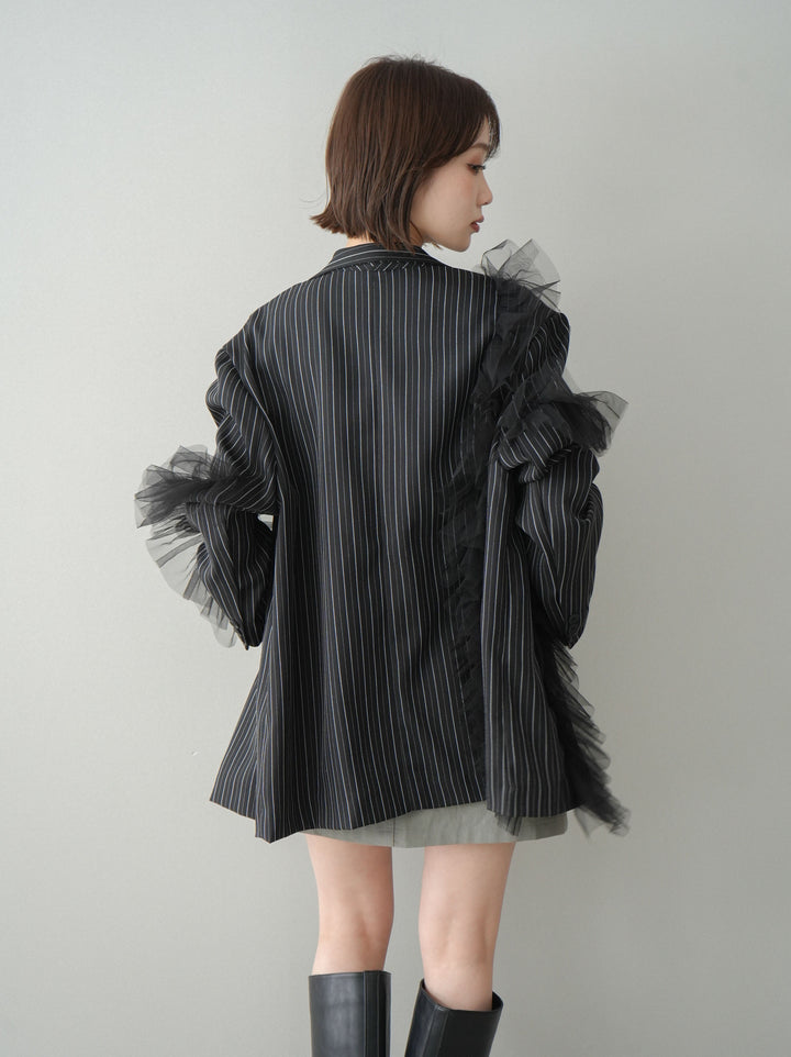 [予約]アシンメトリーチュールストライプジャケット/black