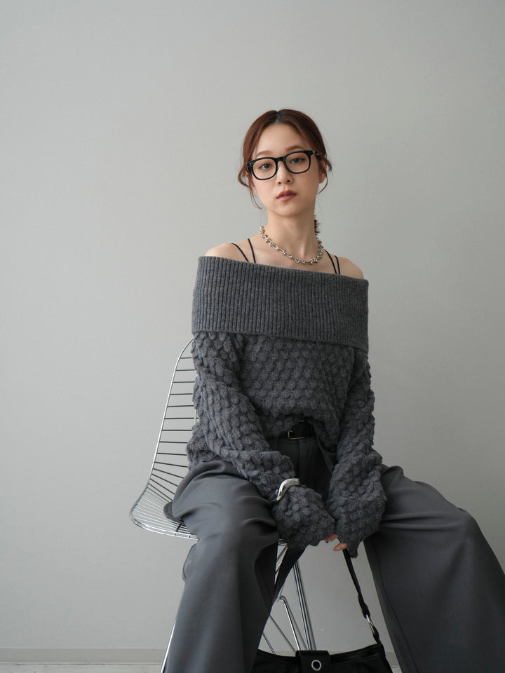 [SET]ポコポコ編みオフショルニットプルオーバー+ベルトループデザインワイドパンツ(2set)