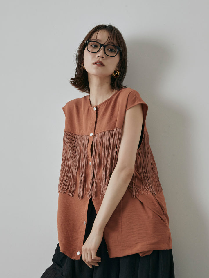 【預購】流蘇無袖上衣/摩卡色