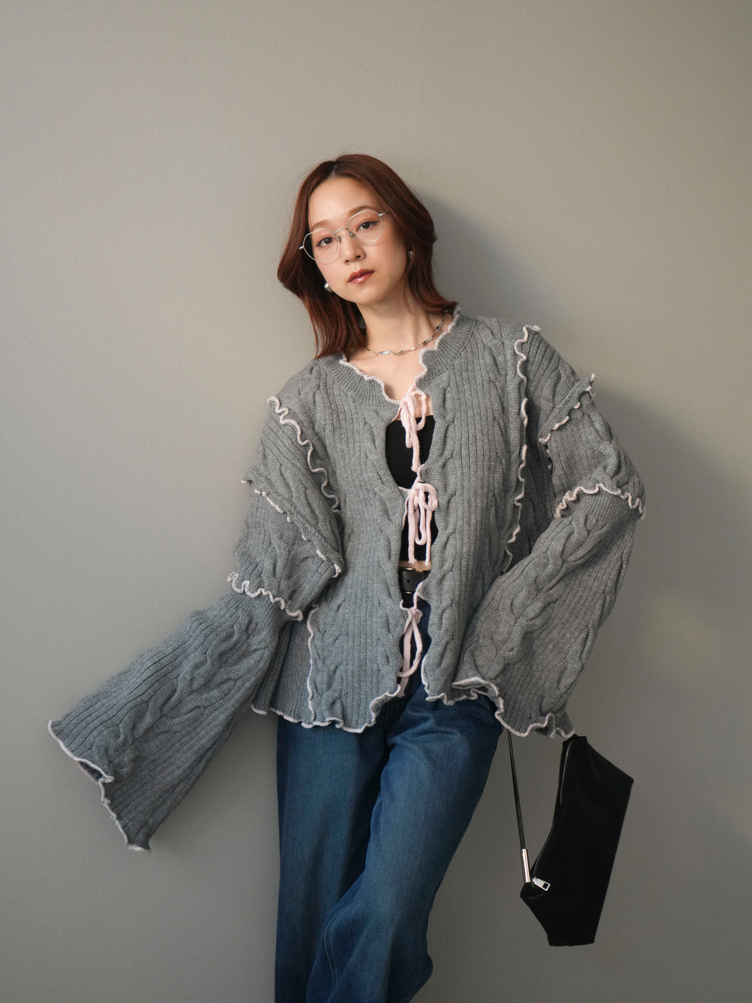 [SET]フロントリボン配色メローニットカーディガン+裏起毛裾フリンジワイドデニムパンツ(2set)