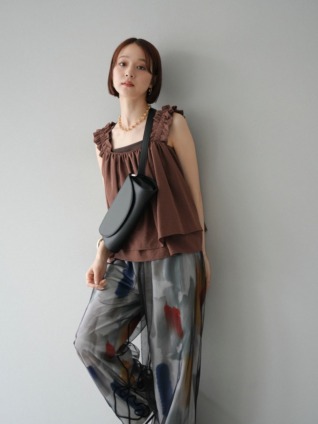 [SET] 縮肩喇叭背心 + 水彩藝術休閒褲 (2 件組)