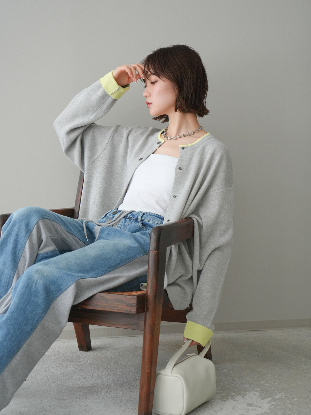 [SET]バイカラーオーバーニットカーディガン+デニム切替スウェットパンツ(2set)