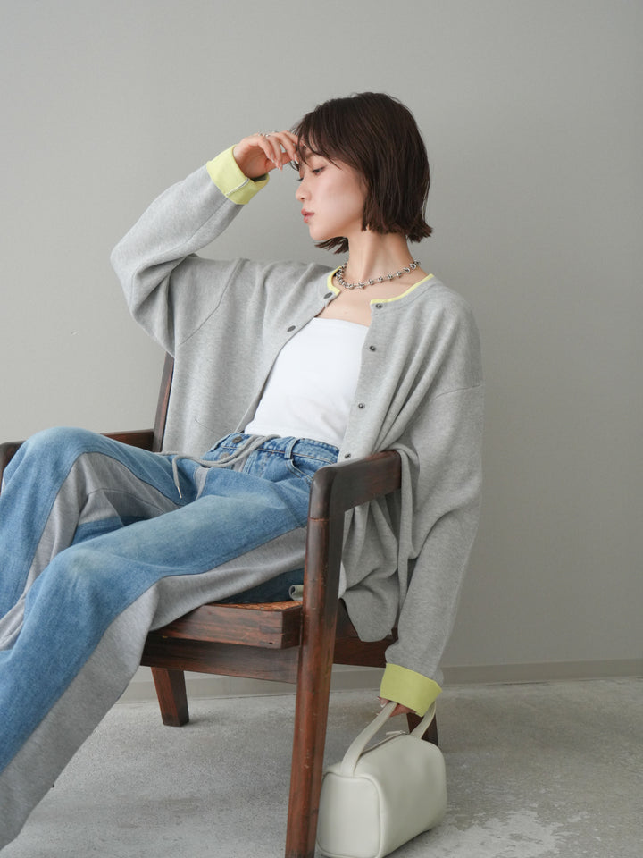 [SET]バイカラーオーバーニットカーディガン+デニム切替スウェットパンツ(2set)