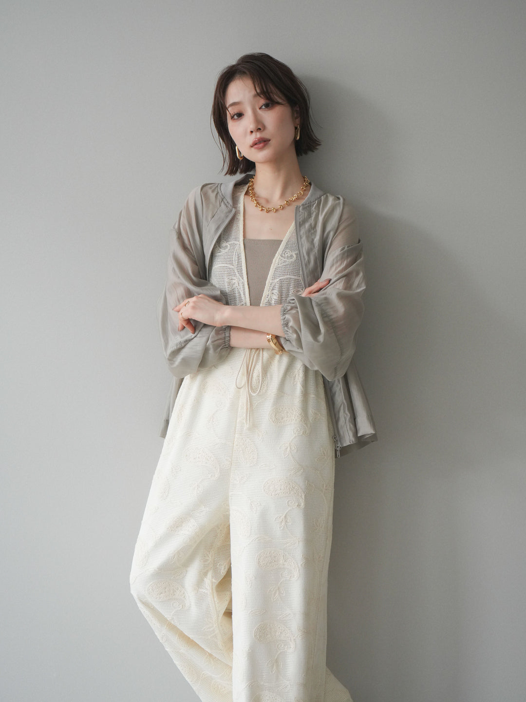 [SET]レース刺繍サロペット+ドロストシアーブルゾン(2set)