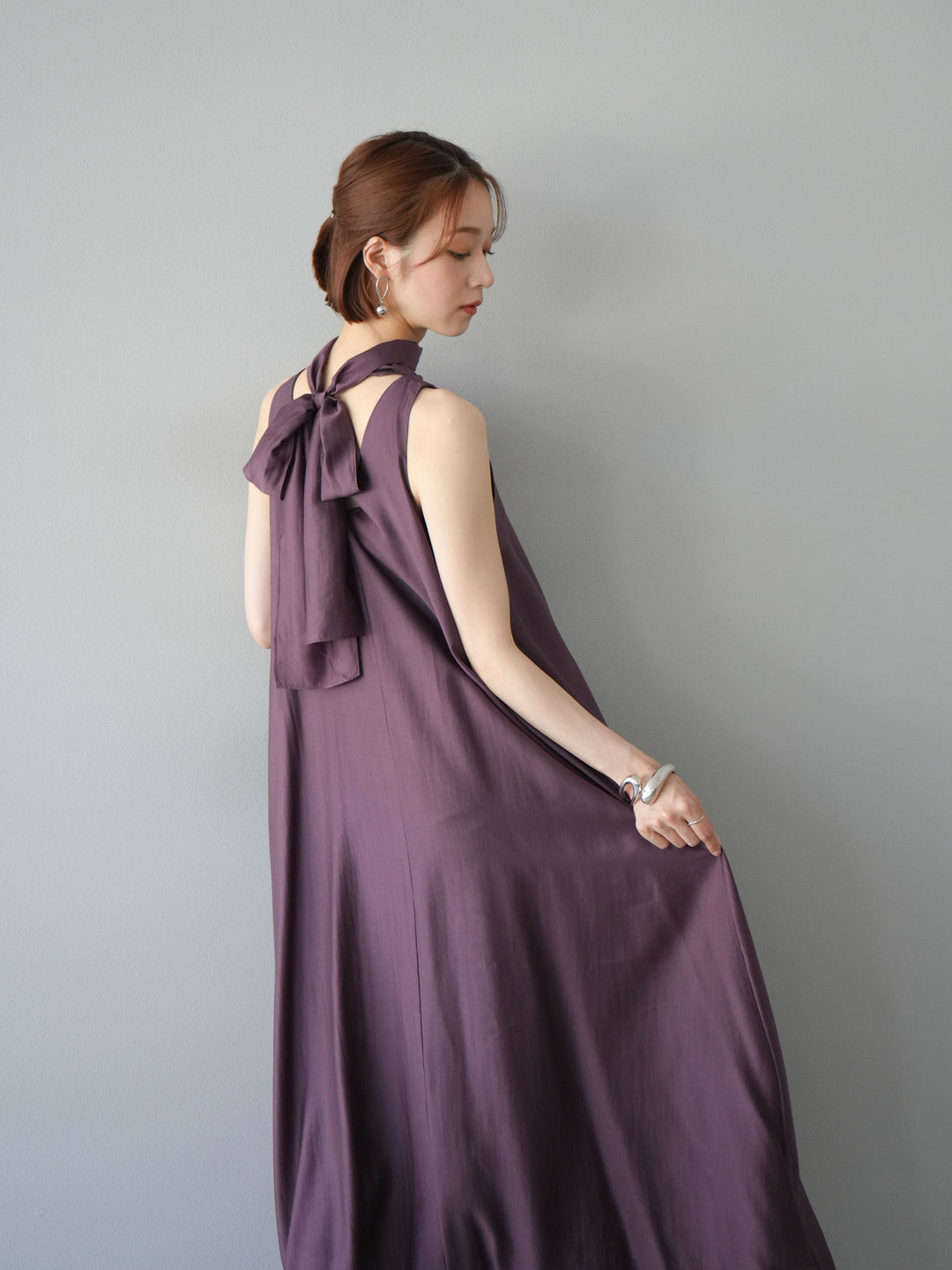 [予約]シアーホルターバックオープンワンピース/ボルドー